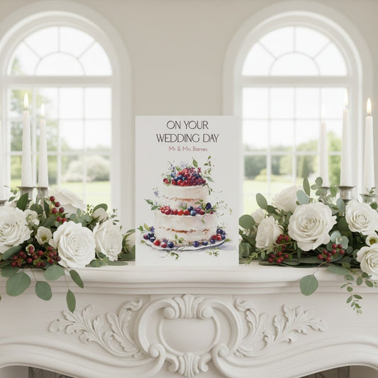 Decorative setup with a wedding cake card and floral arrangements on a mantelpiece.
