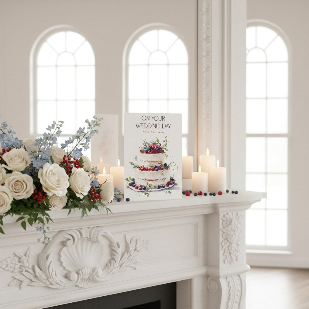 Decorative setup on a mantelpiece with flowers, candles, and a wedding cake illustration card in a room with arched windows.