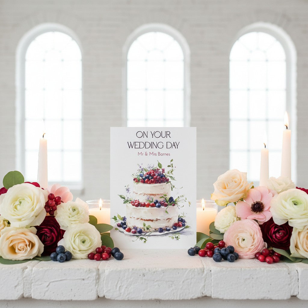 Wedding card with cake illustration surrounded by flowers and candles in a church setting
