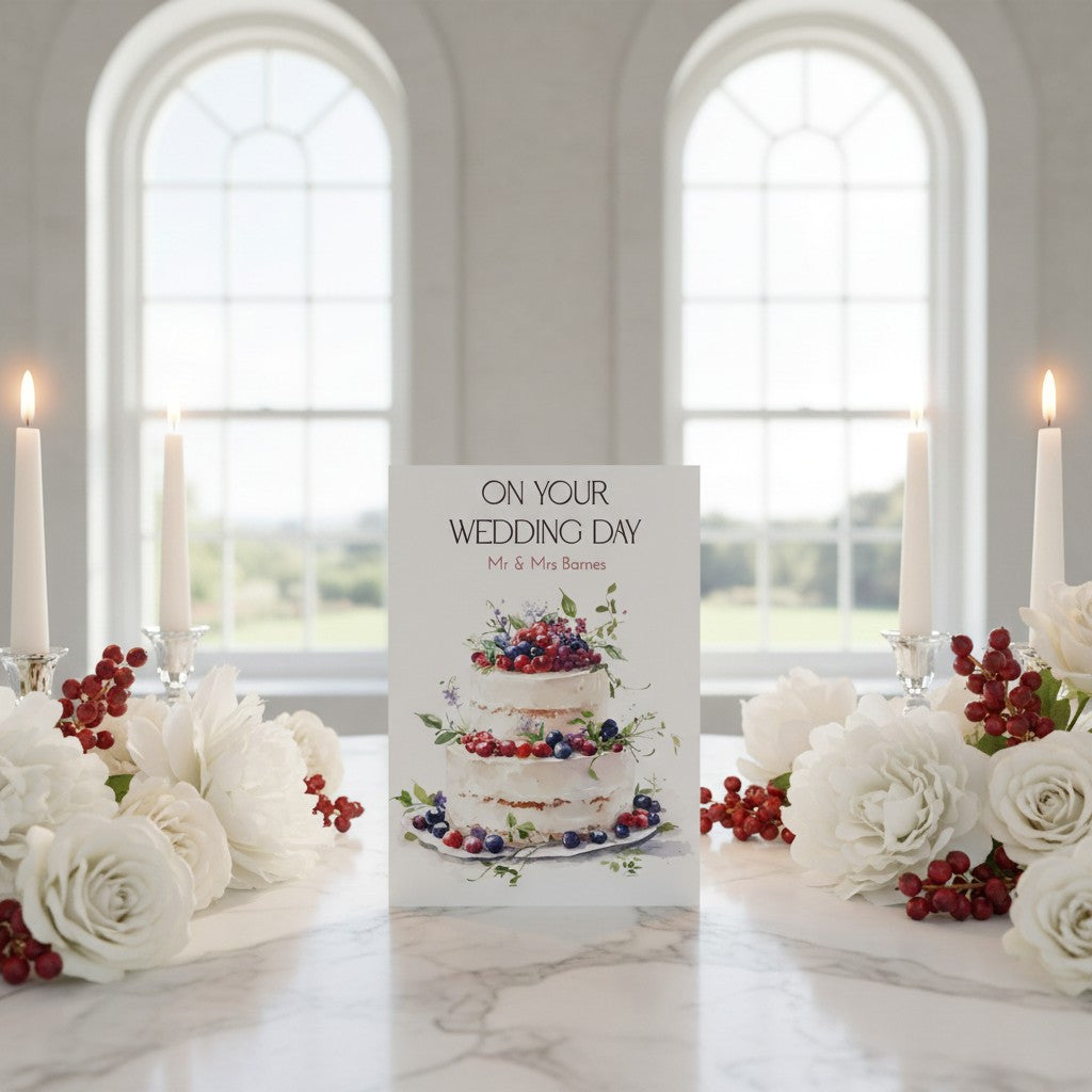 Wedding card with cake illustration on a table with floral arrangements and candles.