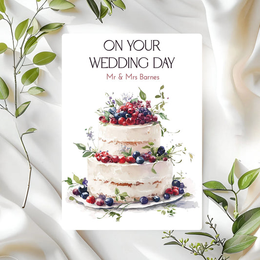 Wedding card with wedding cake illustration and personalised with name and date.