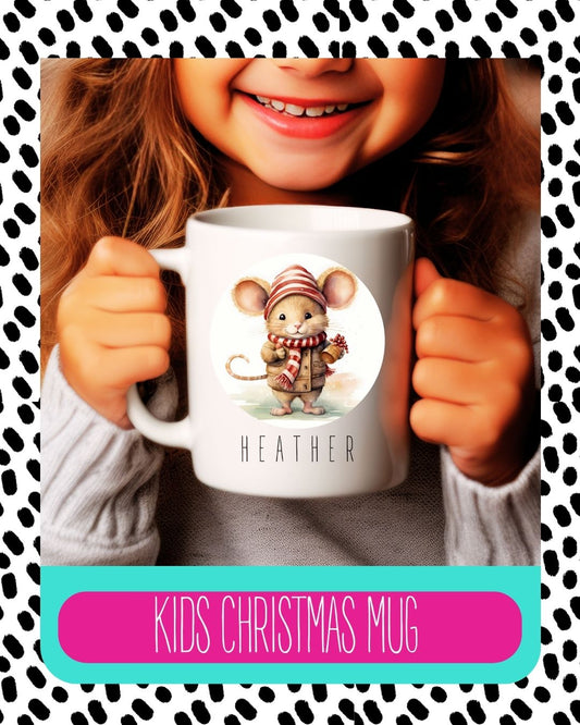 A child holding a white ceramic mug with a personalised text and a cartoon design of a mouse.