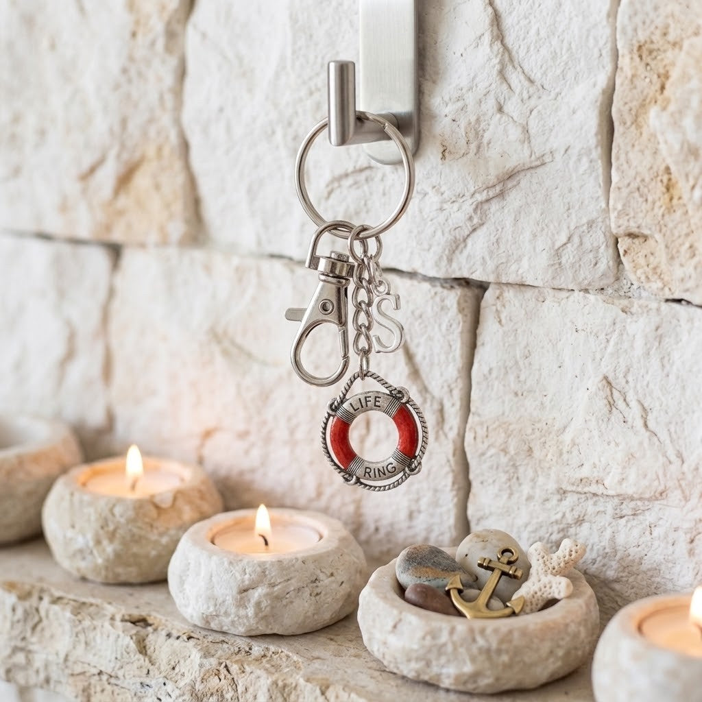 A silver metal keychain with a red and white life preserver ring charm hangs from a wall hook. The keychain is styled on a stone ledge next to lit candles and small decorative anchors.