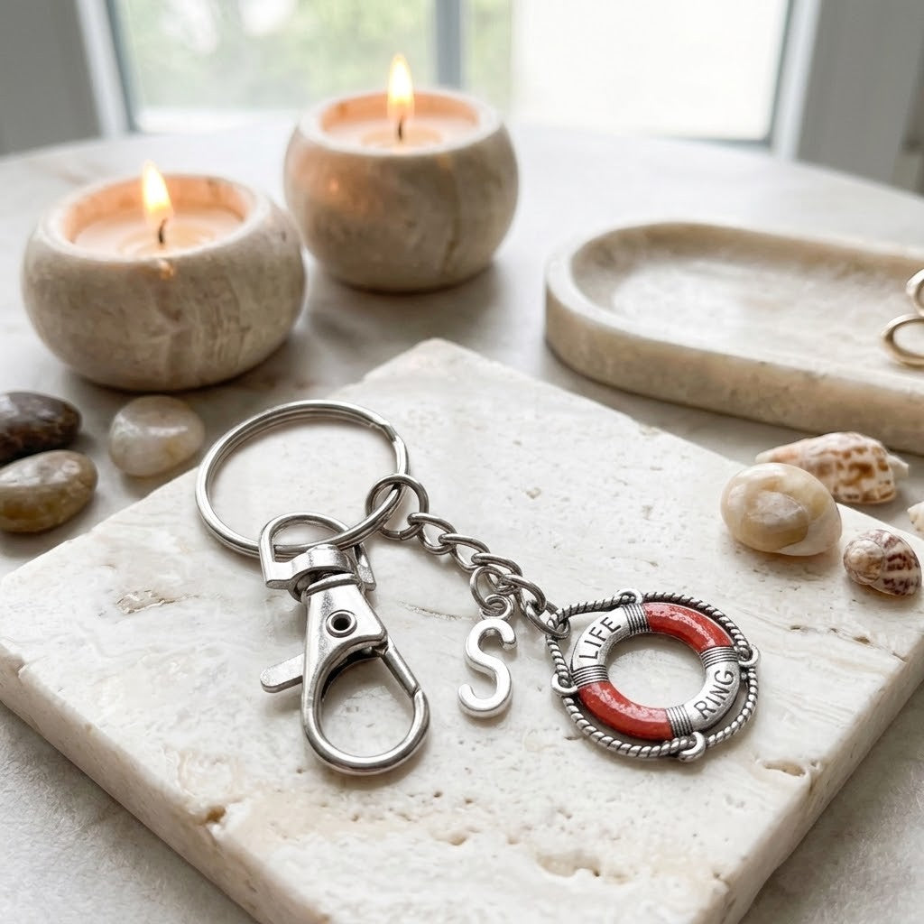 A silver-toned keychain with a lobster clasp, a dangling letter 'S', and a small red-and-silver life preserver charm engraved with 'LIFE RING', displayed on a stone tile with candles and shells in the background.