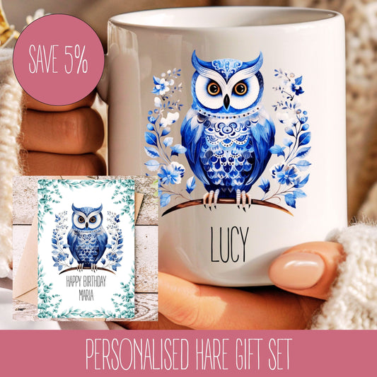 A personalised gift set featuring a blue and white owl mug with a name written on it, and a matching greeting card.