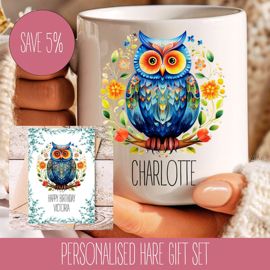 A personalised white mug with a colourful owl illustration and the name 'Charlotte' printed on it, accompanied by a matching personalised card.