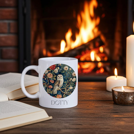 White mug with owl design and 'Dotty' branding on a wooden table with a fireplace and candles in the background.