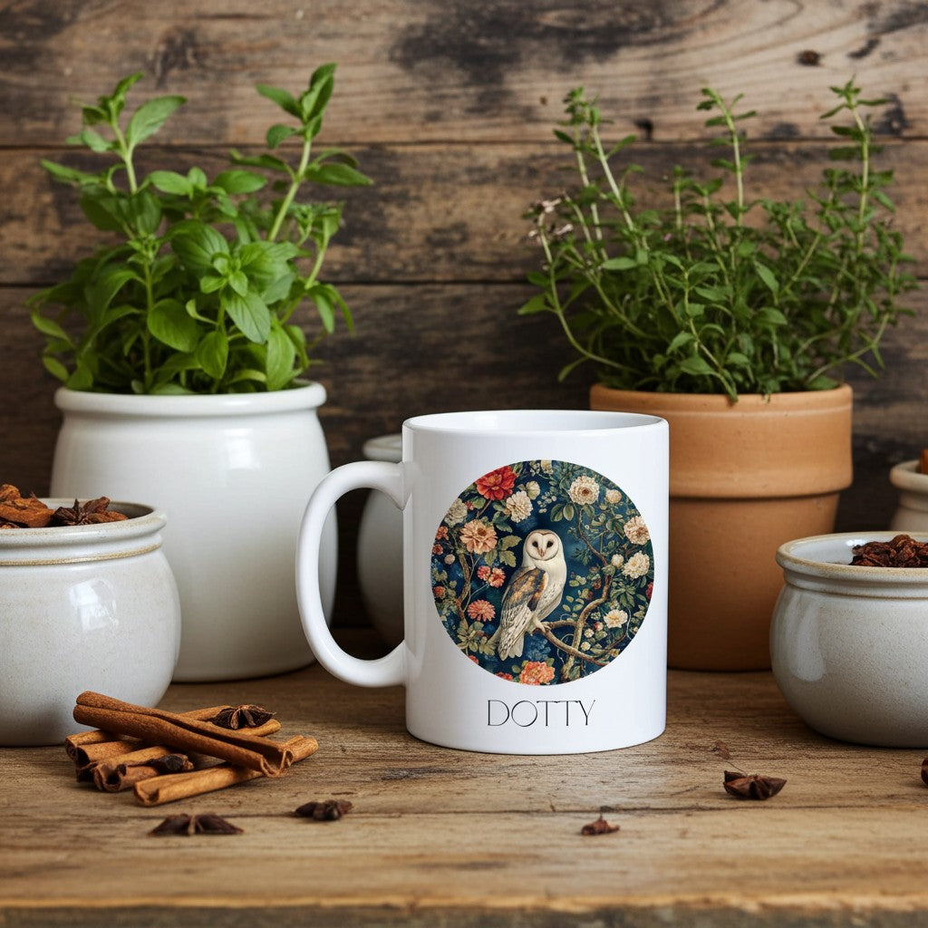 White mug with owl design and 'Dotty' branding on a wooden table with plants and spices.
