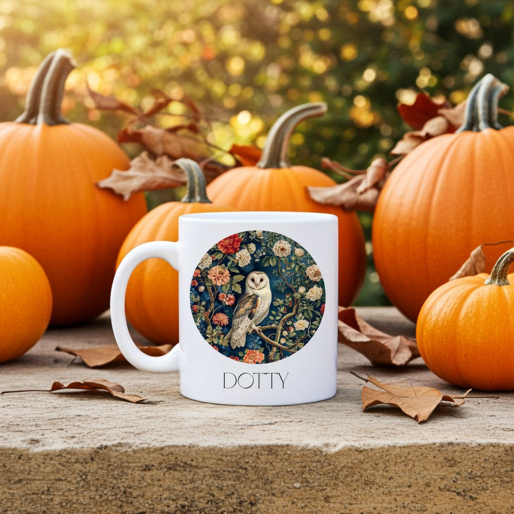 White mug with owl design and 'Dotty' branding in front of pumpkins and autumn leaves.