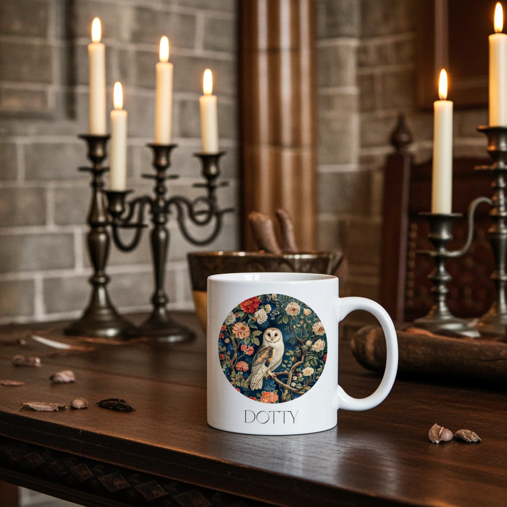 White mug with floral and owl design on a wooden table with candles in the background