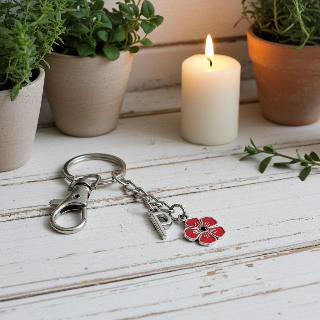 A silver metal keychain with a lobster clasp, a key charm, and a red flower charm, displayed on a white wooden surface with a lit candle and potted plants in the background.