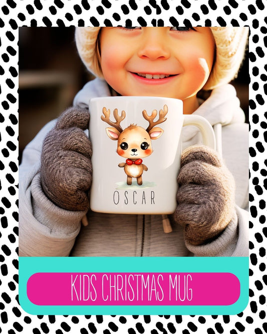 A child holding a white ceramic mug with a personalised message and reindeer design.