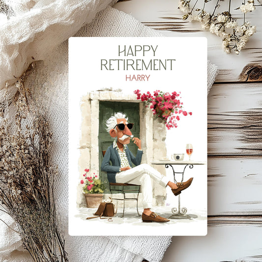 Retirement card with a man sitting on a bench, flowers, and 'Happy Retirement Harry' text.