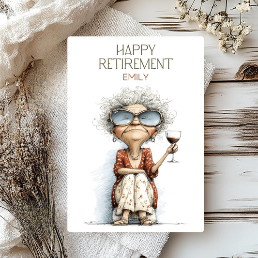 Happy Retirement card with an illustration of a woman holding a glass of wine, surrounded by decorative elements.