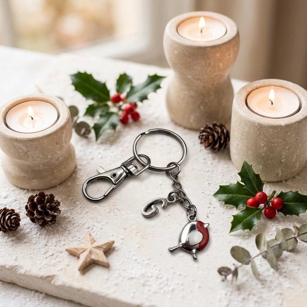 A silver-toned metal keychain with a small bird charm and a red accent, displayed on a rustic white surface surrounded by lit candles, pinecones, holly leaves, and berries.