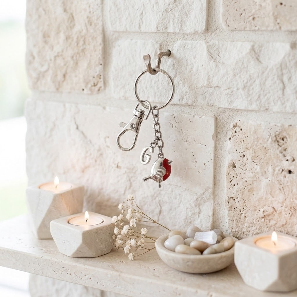 A silver metal keychain with a small red and white bird charm hangs on a rustic white stone wall above a mantel styled with lit candles and dried flowers.