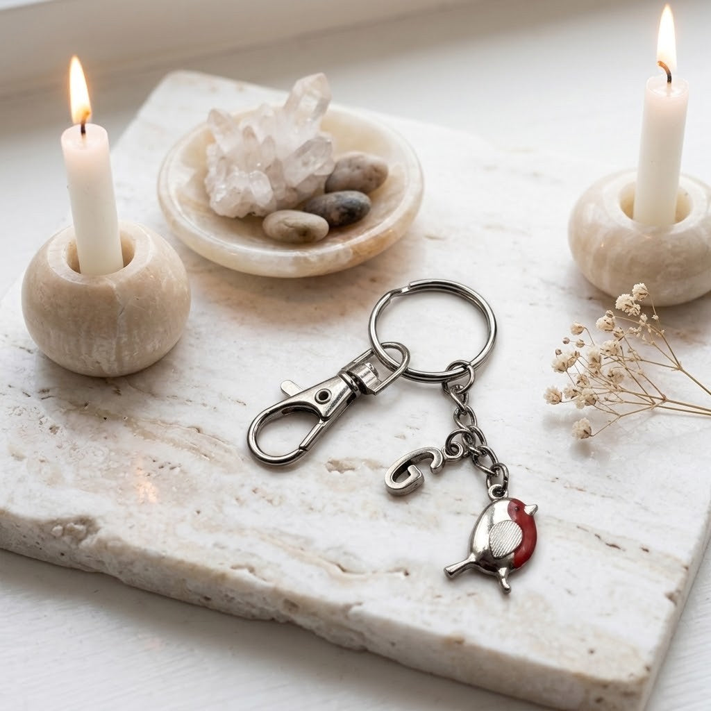 A silver-toned keychain with a lobster clasp, a small letter charm, and a bird charm with red and white enamel details, displayed on a white stone tray with lit candles and dried flowers.
