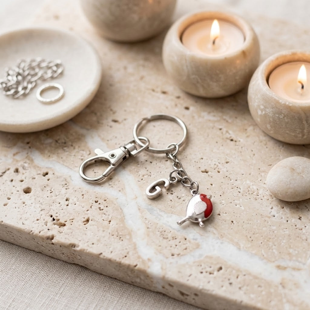 A silver-toned keychain with a lobster clasp, split ring, and dangling charms including a small bird with a red accent and a heart-shaped charm, displayed on a beige stone surface with candles and jewelry props in the background.