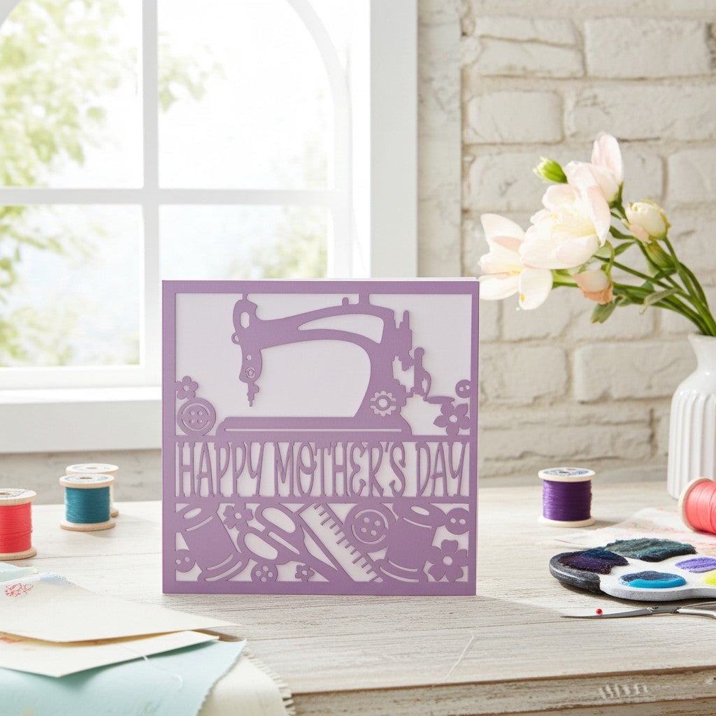 Purple 'Happy Mother's Day' card with sewing machine design on a table with thread spools and flowers.