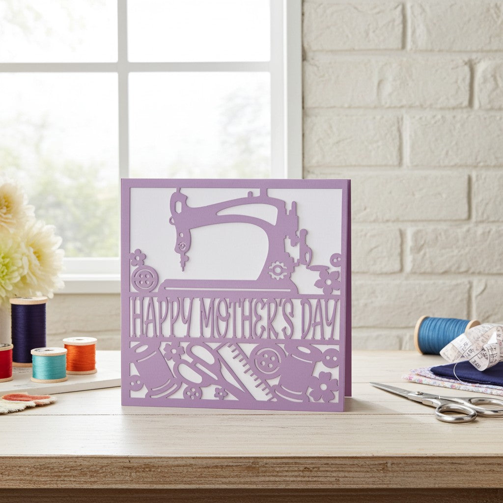 Purple 'Happy Mother's Day' card with sewing machine design on a table with sewing supplies.