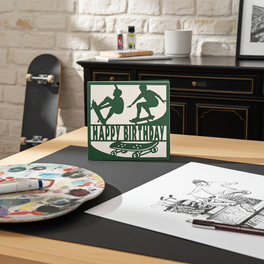 A square birthday card with a green and white skateboard-themed design stands on a black mat on a wooden desk. The card features green silhouettes of skateboarders and the text 'HAPPY BIRTHDAY' with a skateboard graphic.