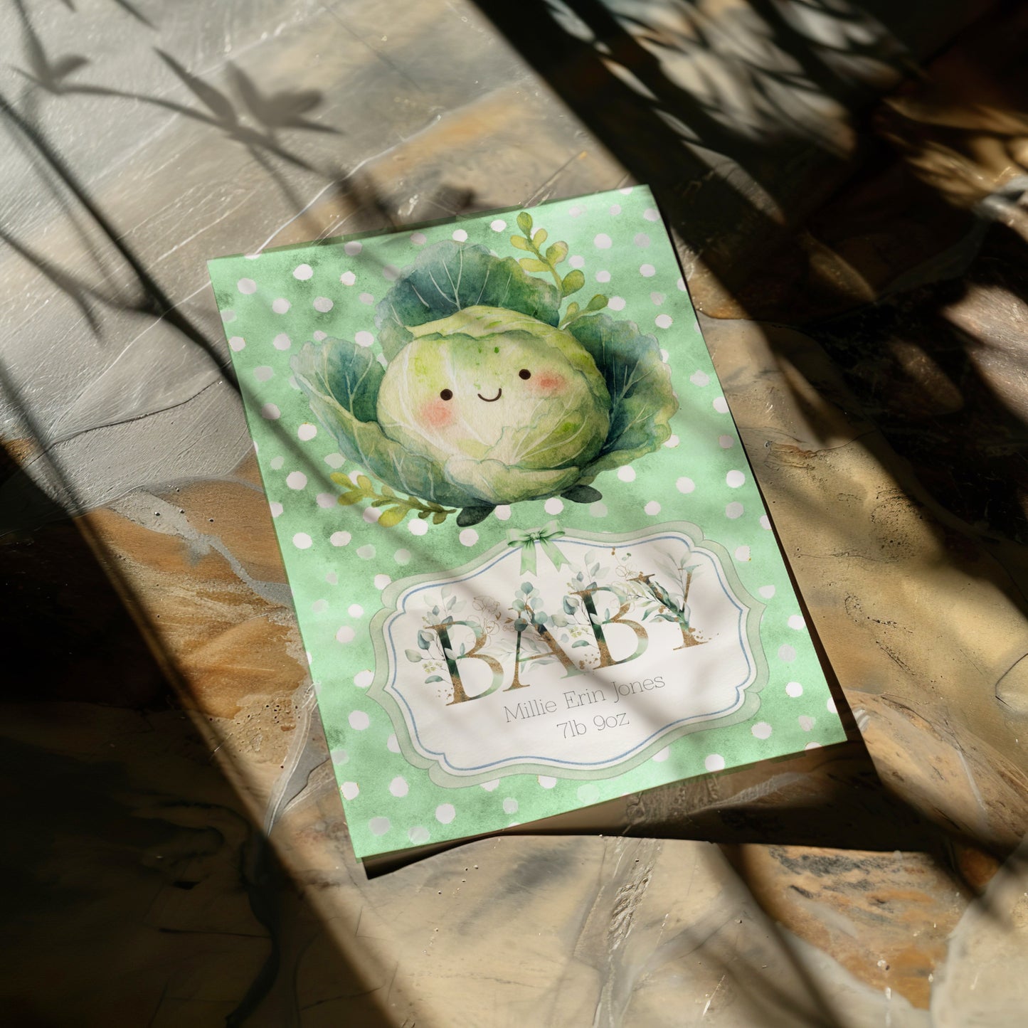 Personalised New Baby Greeting Card with Homegrown Cabbage A5