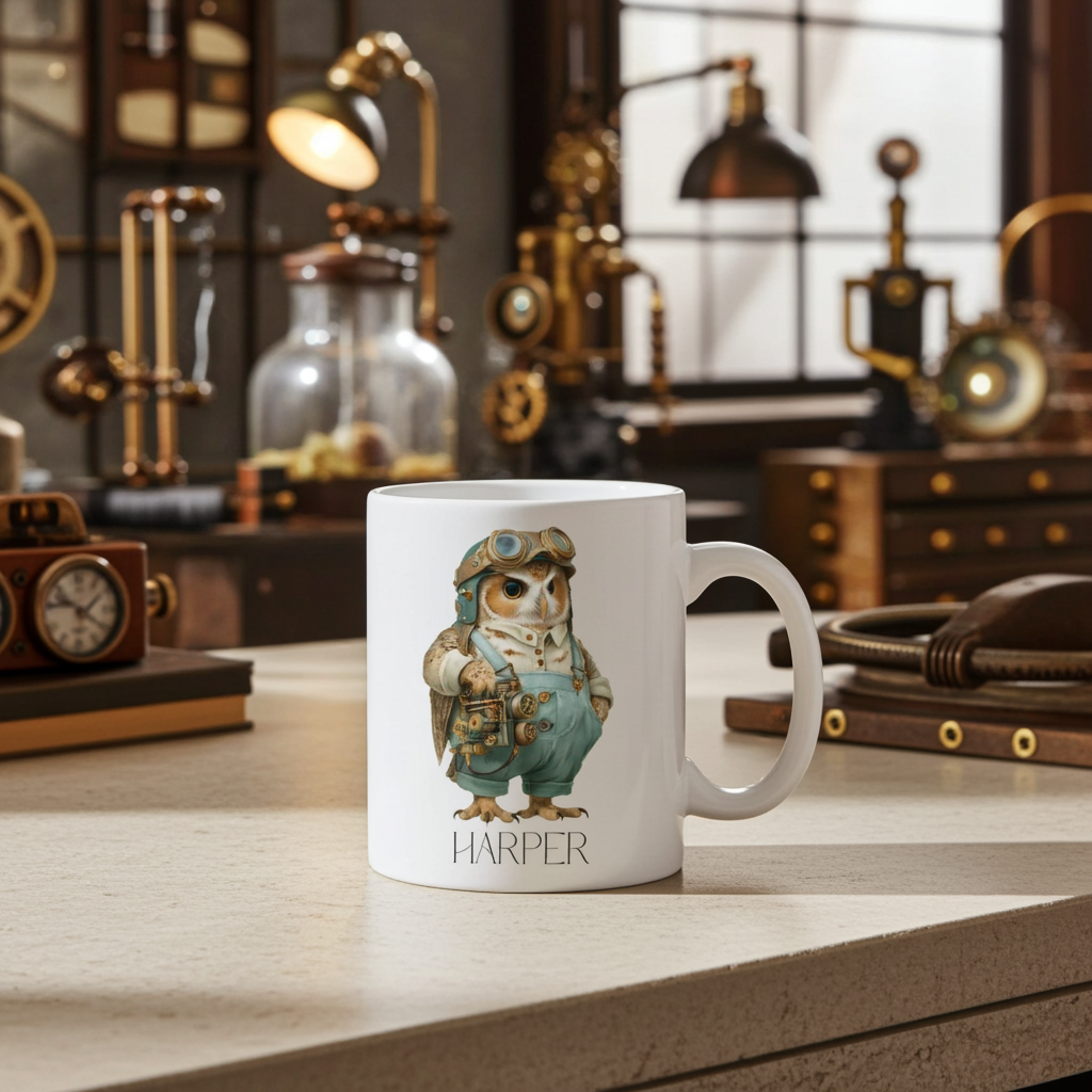 White mug with a steampunk owl design on a wooden surface with vintage decor.