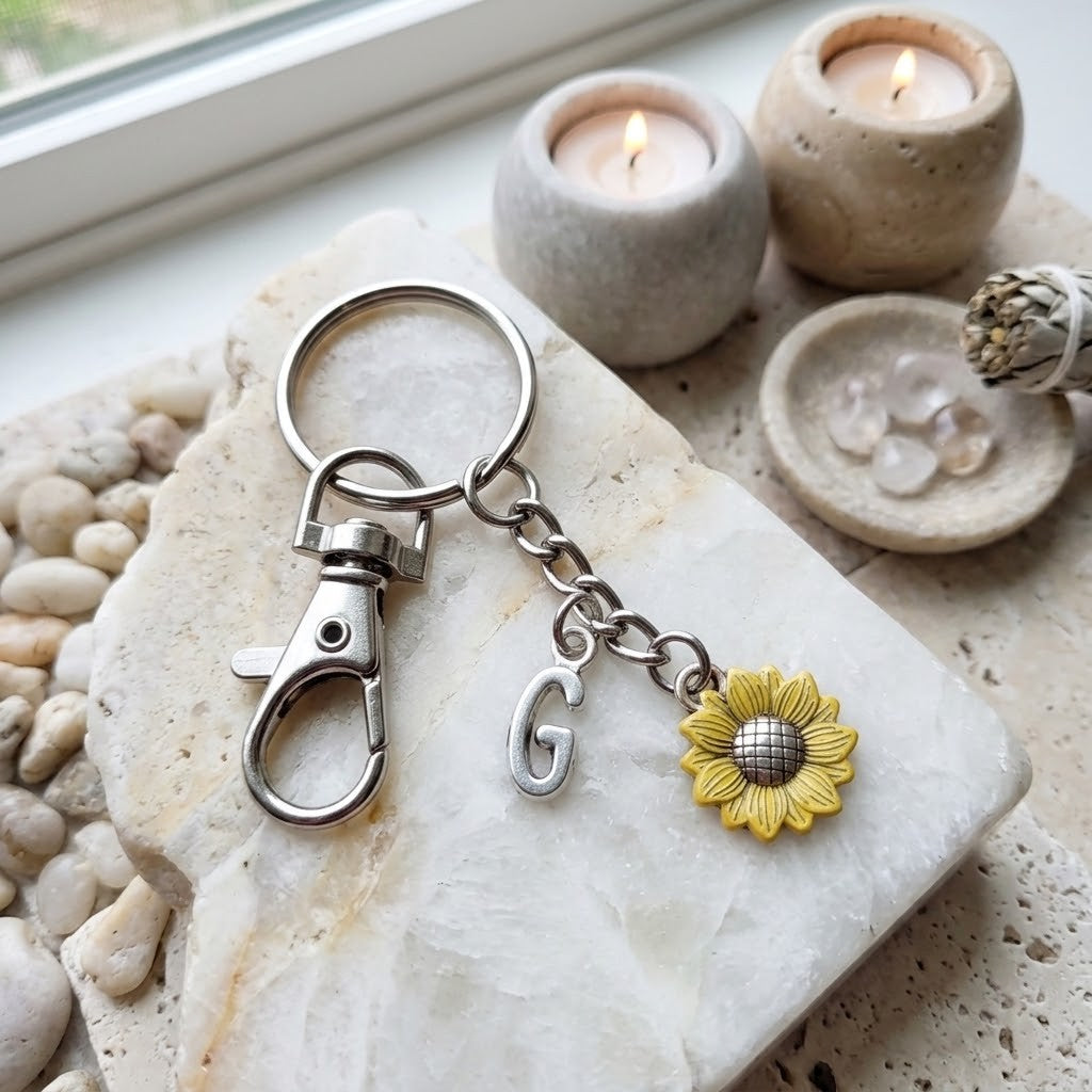 A silver-toned metal keychain with a lobster clasp, a hanging letter charm, and a yellow sunflower charm, displayed on a white stone slab with candles and pebbles in the background.