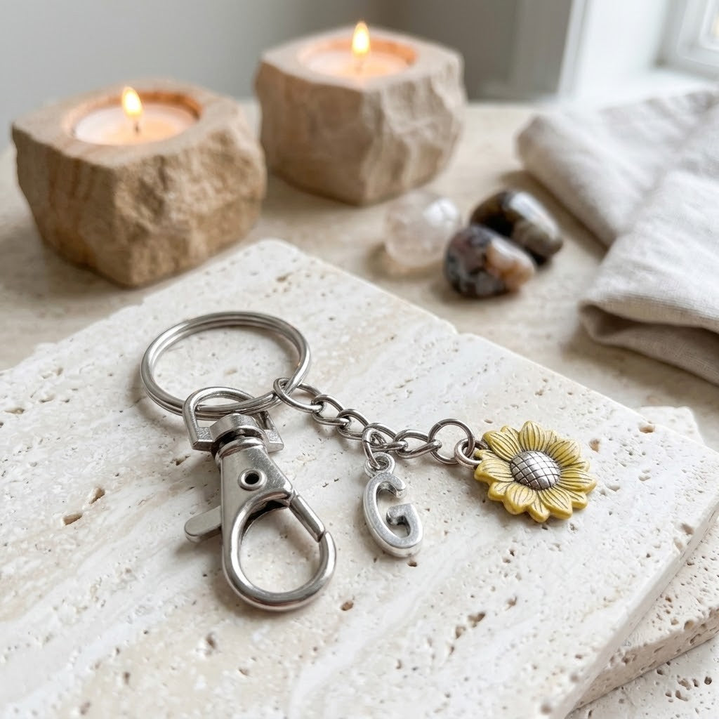 A silver metal keychain with a lobster clasp, a small oval charm, and a yellow sunflower charm, displayed on a textured stone slab with candles and crystals in the background.