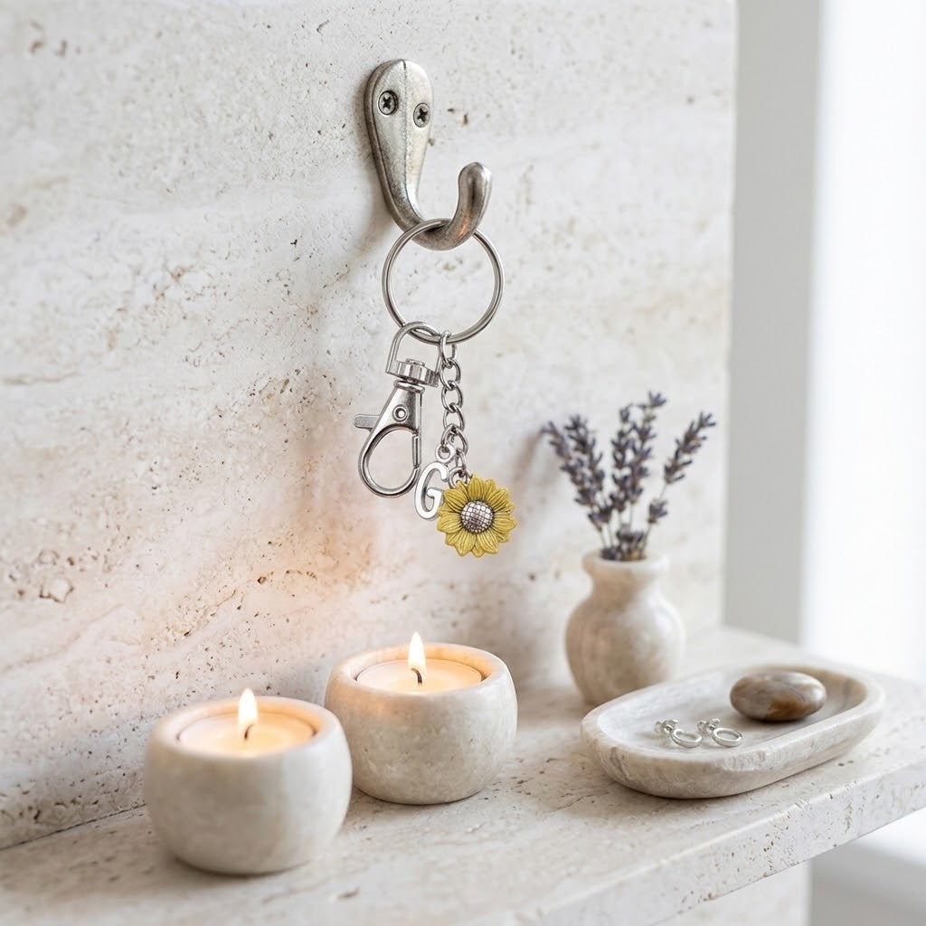 A silver metal key ring hook mounted on a textured light beige wall, holding a keychain with a small yellow flower charm. Below, a matching stone shelf holds two lit candles, a small vase with dried lavender, and a stone dish with earrings.