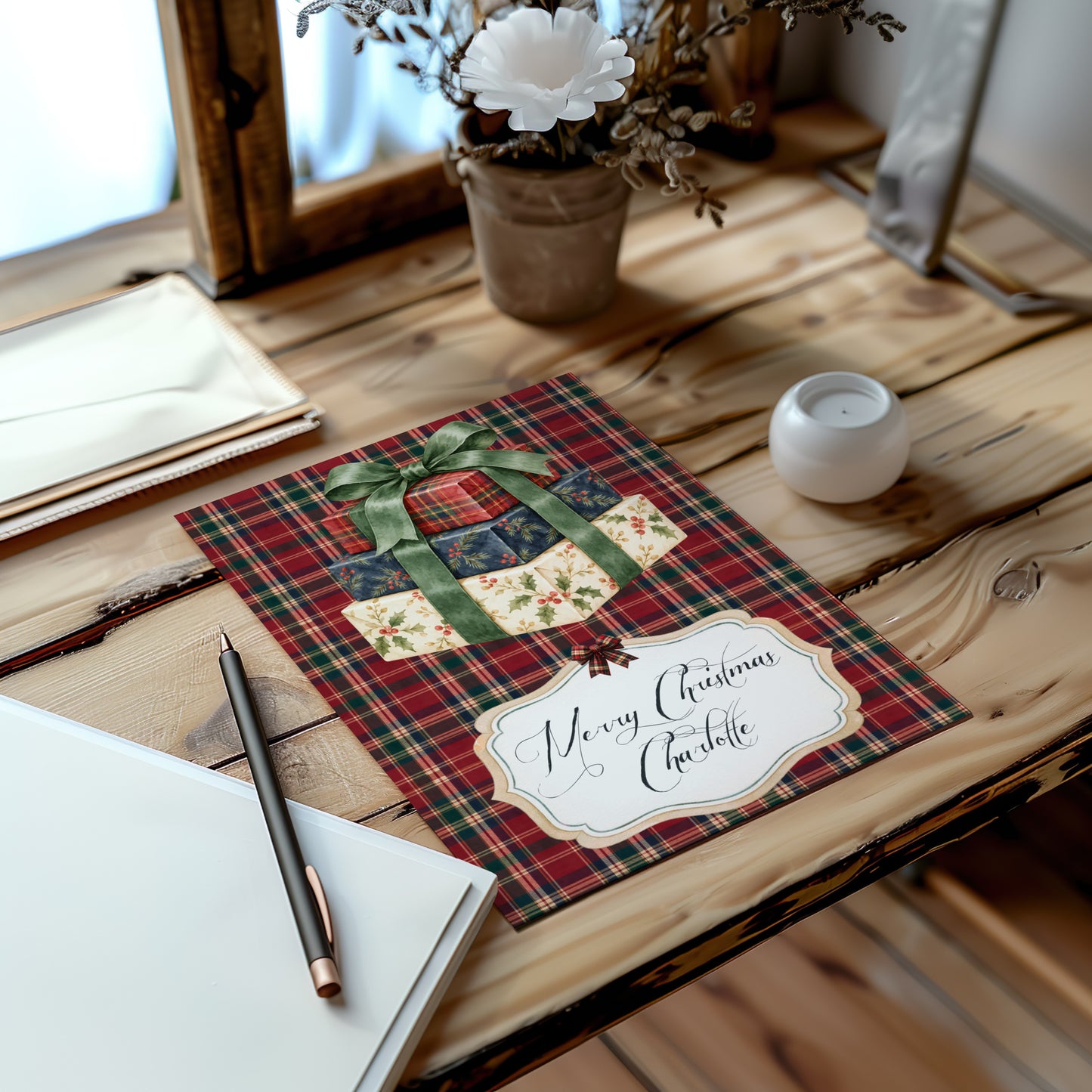 Handmade Personalised Tartan Christmas Card – Custom Festive Greeting
