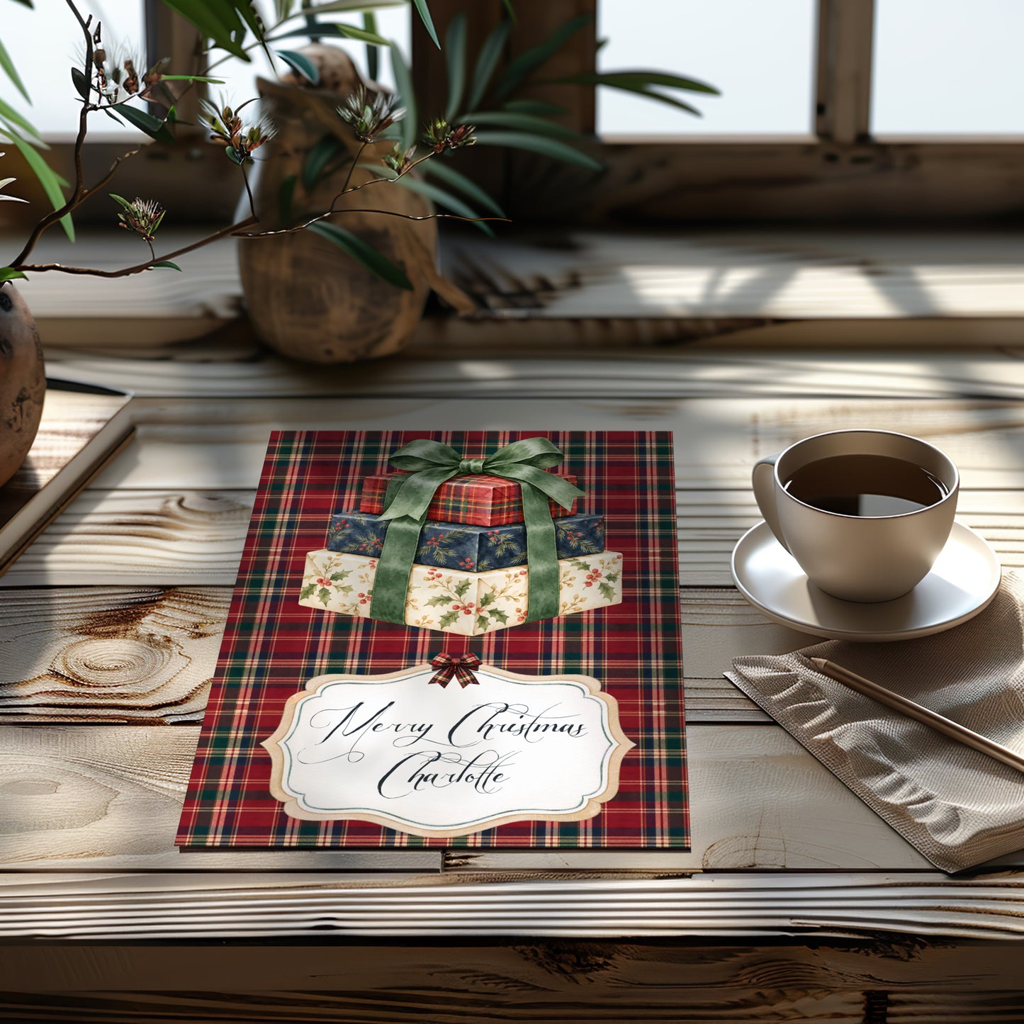 Handmade Personalised Tartan Christmas Card – Custom Festive Greeting