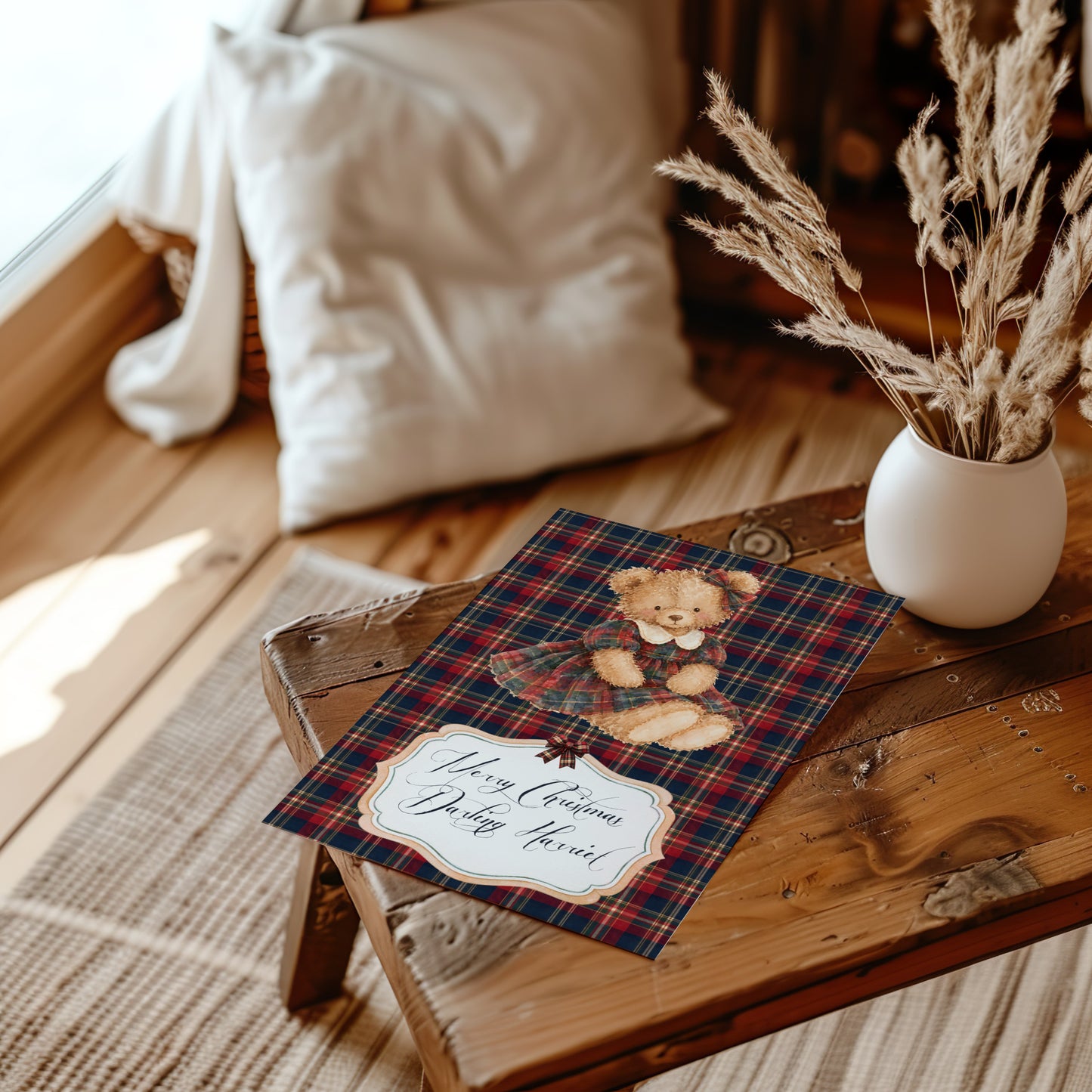 Personalised Tartan Teddy Christmas Card – Handmade Festive Greeting