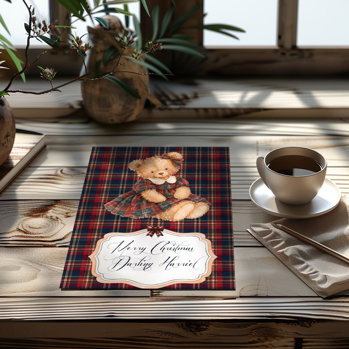 Personalised Tartan Teddy Christmas Card – Handmade Festive Greeting