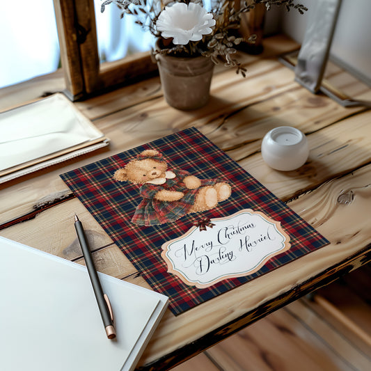Personalised Tartan Teddy Christmas Card – Handmade Festive Greeting