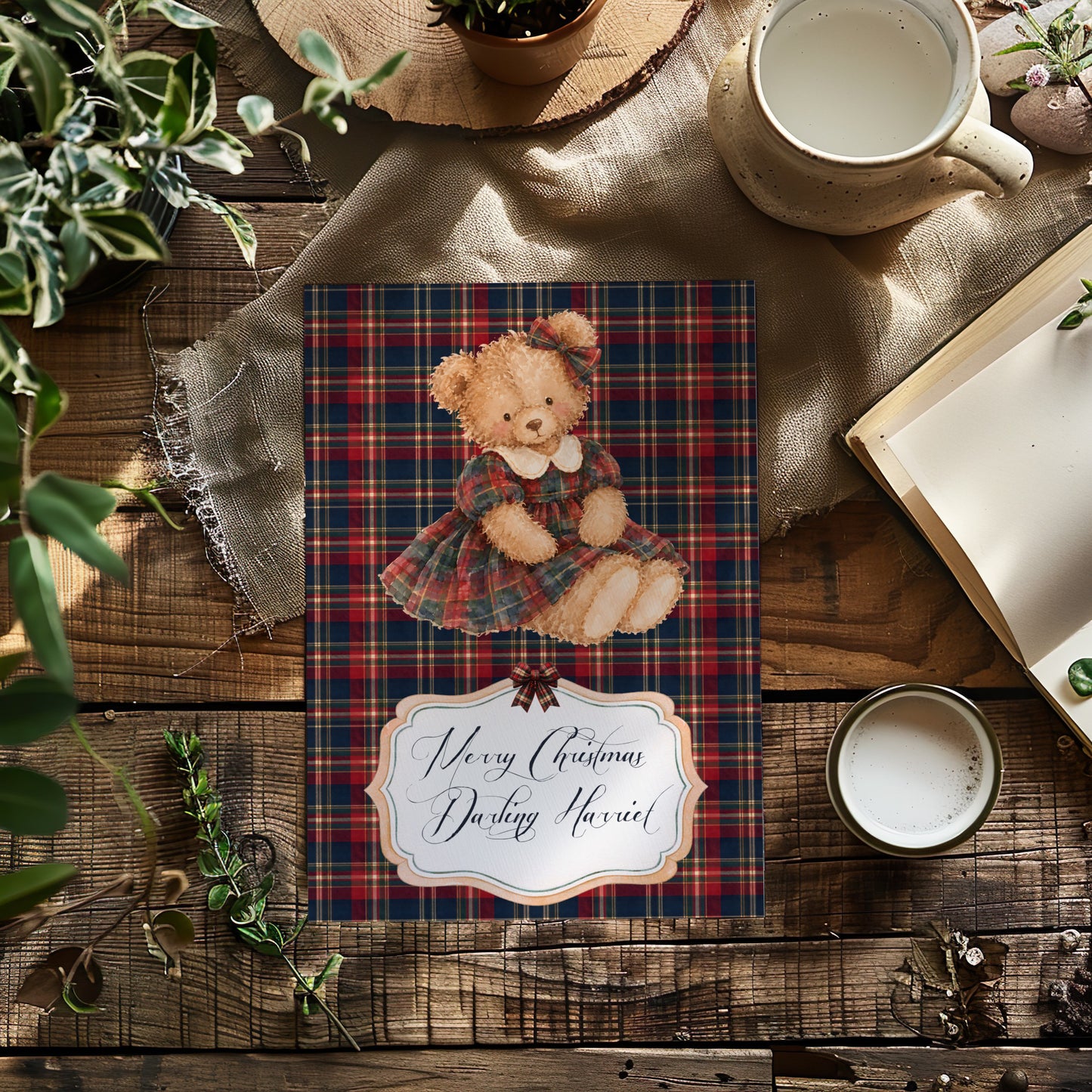 Personalised Tartan Teddy Christmas Card – Handmade Festive Greeting