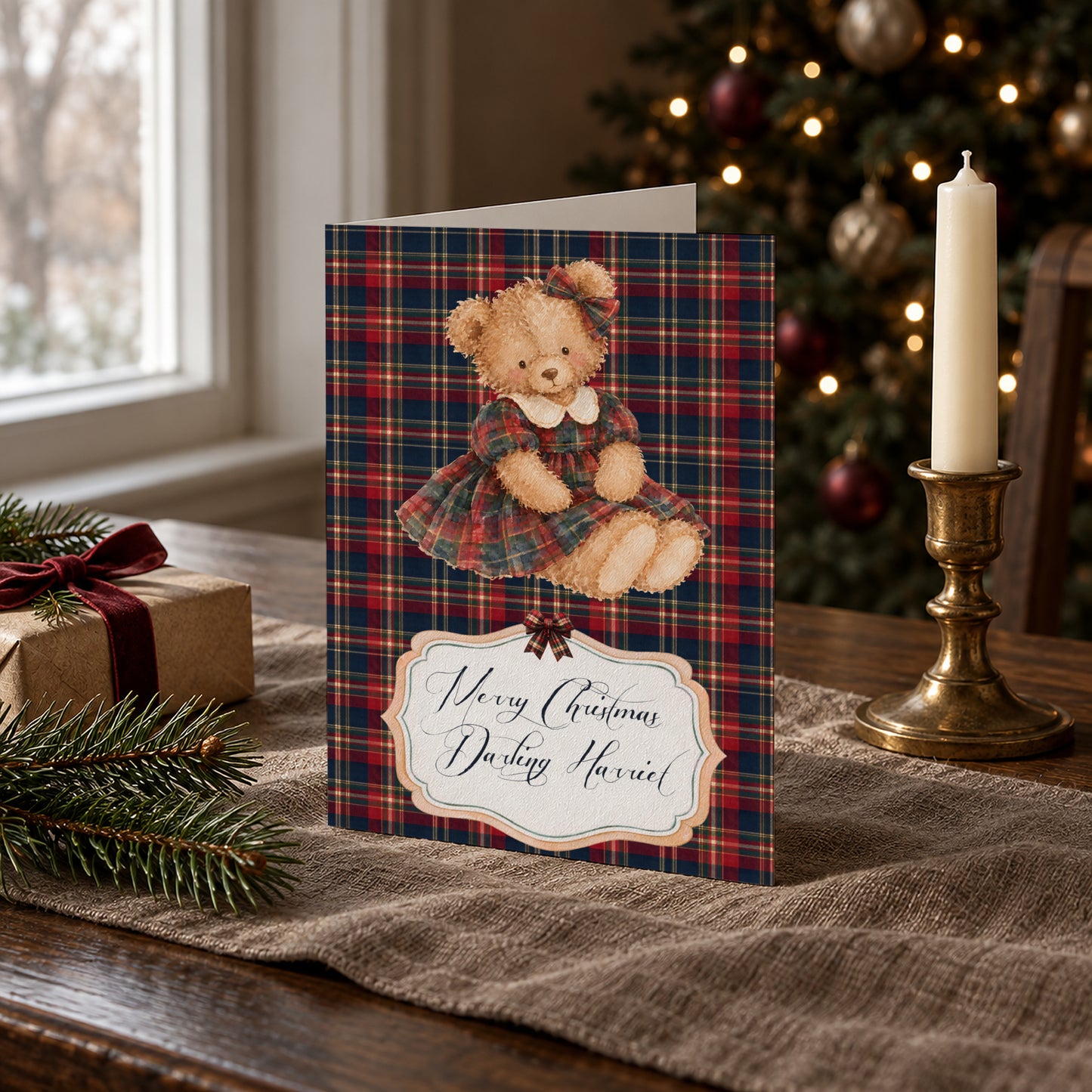 Personalised Tartan Teddy Christmas Card – Handmade Festive Greeting