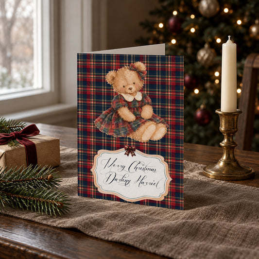 Personalised Tartan Teddy Christmas Card – Handmade Festive Greeting