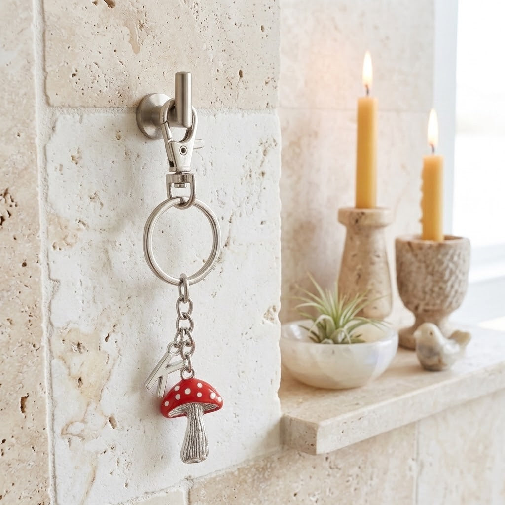A silver metal keychain holder mounted on a beige stone wall, holding a mushroom-shaped keychain charm with a red cap and white spots. In the softly lit background, two lit yellow candles in textured holders and a small potted plant sit on a matching stone shelf.