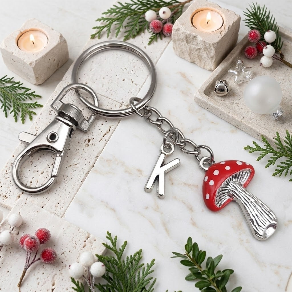 A silver-toned metal keychain with a lobster clasp, a letter K charm, and a red-and-white mushroom charm, styled on a white marble surface with candles, greenery, and berries.
