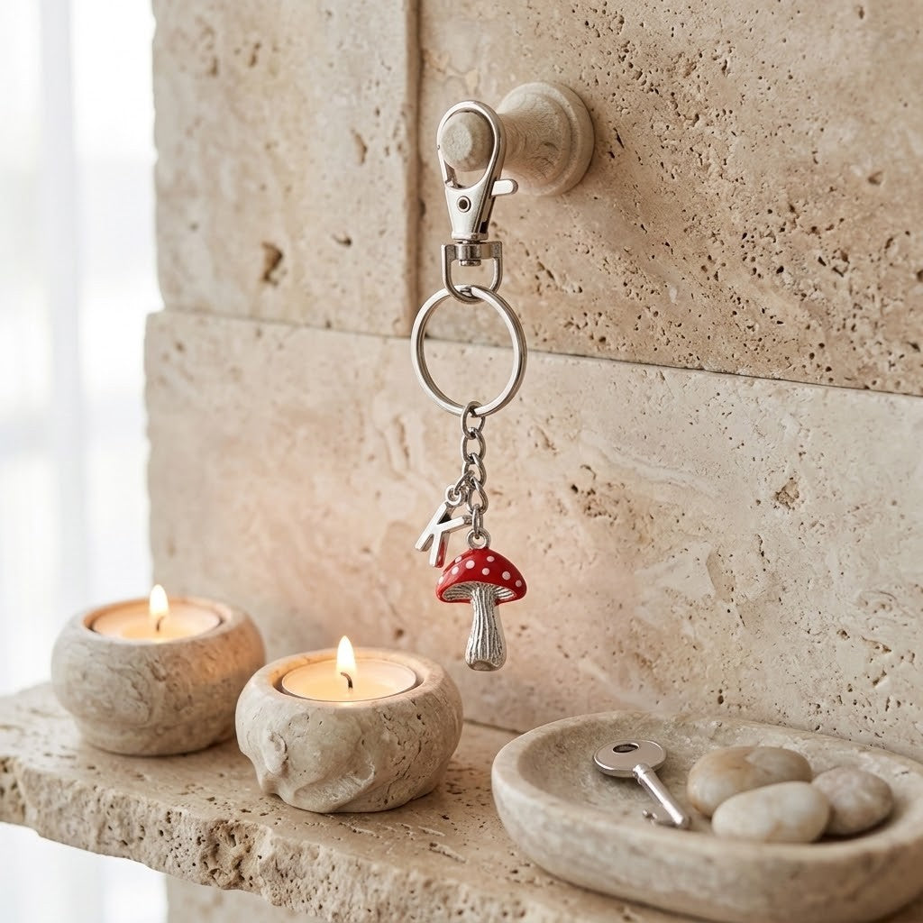A silver metal keychain with two small mushroom charms, one red and one silver, hanging from a wall-mounted hook. The keychain is styled on a stone shelf next to two lit candles and a small dish with keys.