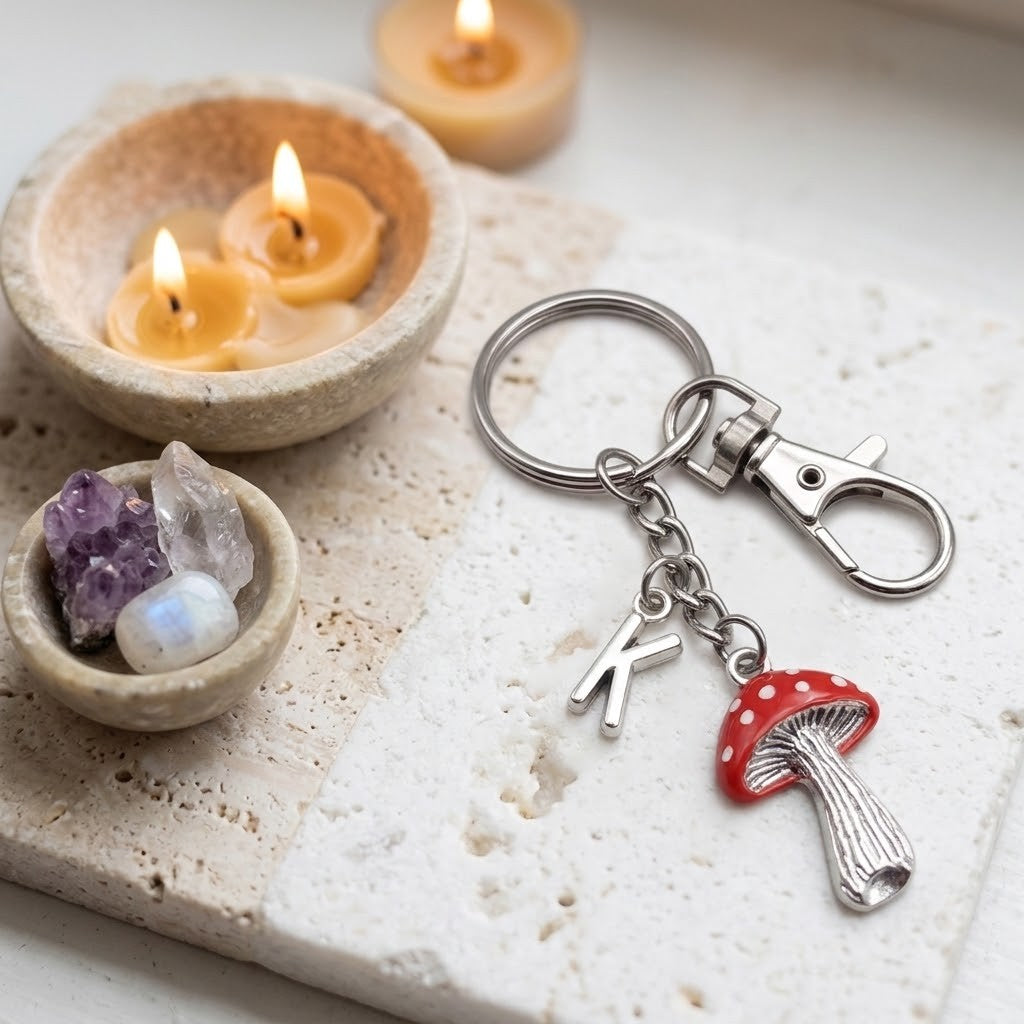 A silver-toned keychain with a mushroom charm, a letter K charm, and a lobster clasp, displayed on a stone slab next to candles and crystals.