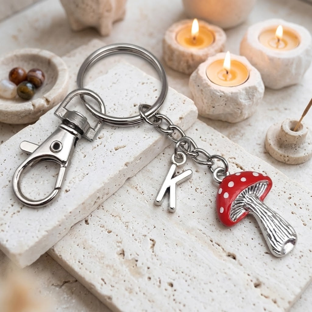 A silver metal keychain with a lobster clasp, a letter K charm, and a red mushroom charm, displayed on textured stone tiles with lit candles in the background.