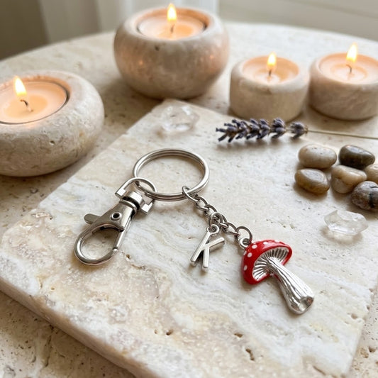 A silver-toned keychain with a lobster clasp, a letter charm, and a red-and-white mushroom charm, displayed on a stone tray with lit candles and small stones in the background.