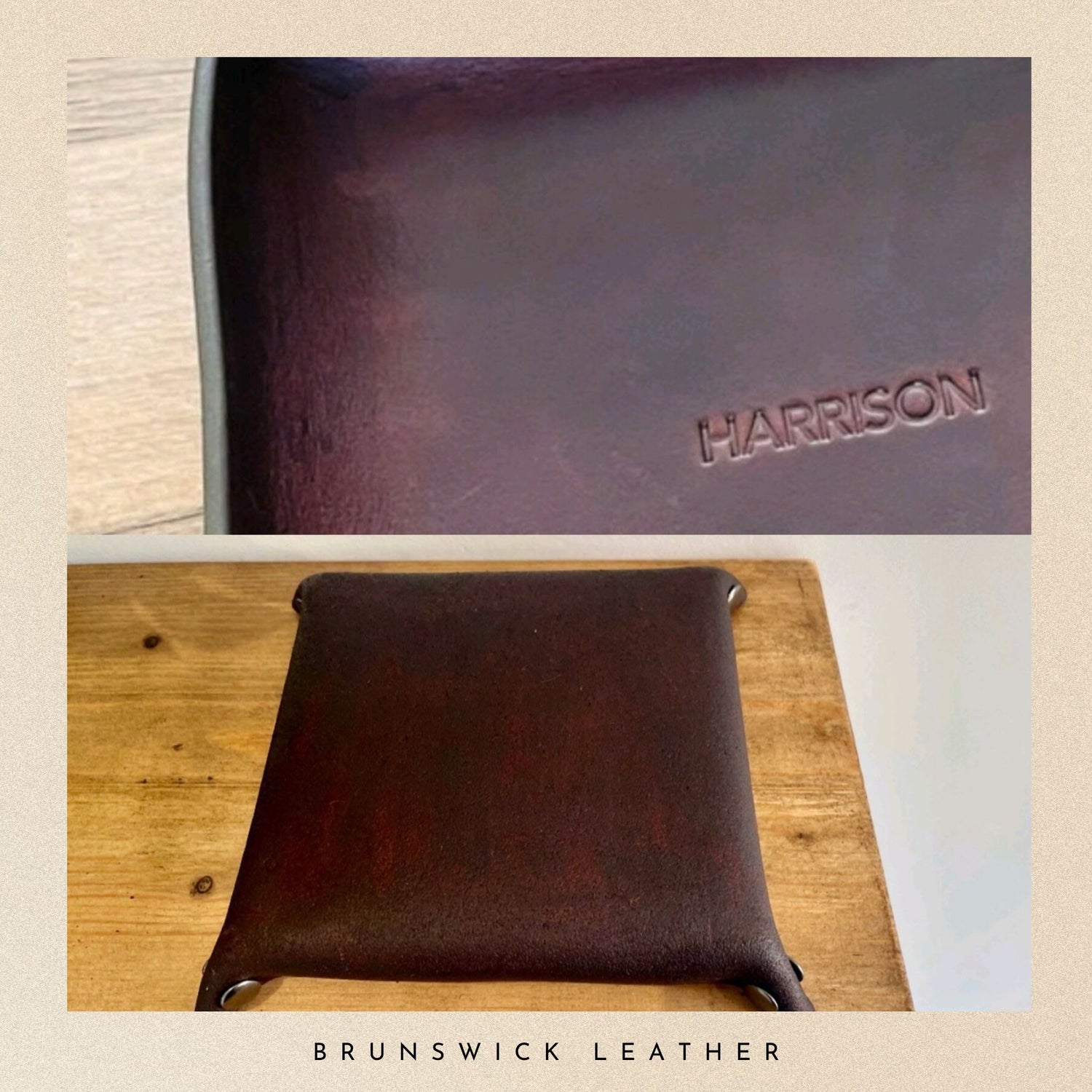 Brown leather pouch with 'HARRISON' branding on a wooden surface, featuring 'Brunswick Leather'.