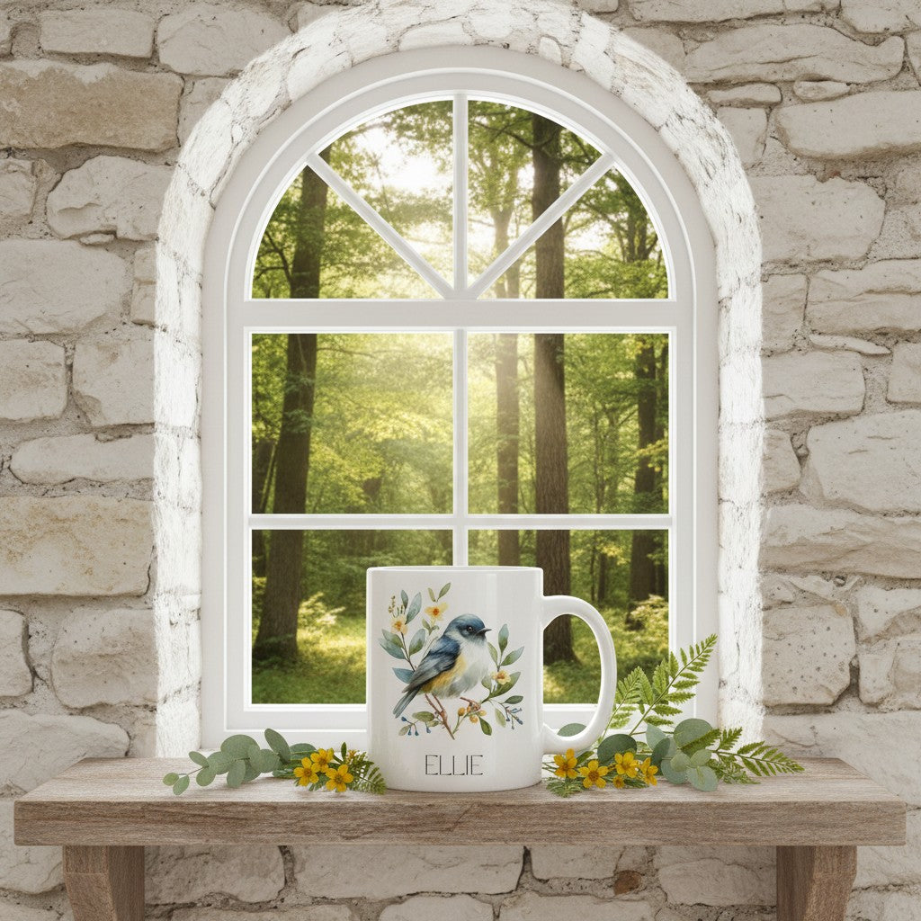 White mug with a bird design on a wooden table in front of a stone wall and window with a forest view.