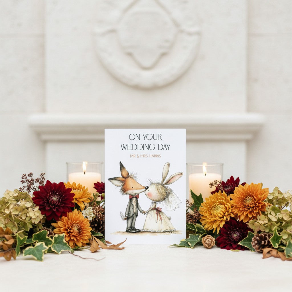 Wedding card with fox and rabbit illustration surrounded by autumn flowers and candles on a white surface.