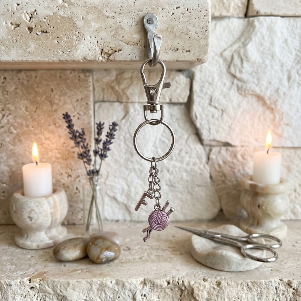 A silver-toned metal keychain with a lobster clasp, key ring, and dangling key-and-needle charm, displayed hanging on a stone wall above a styled shelf with candles, stones, scissors, and lavender.