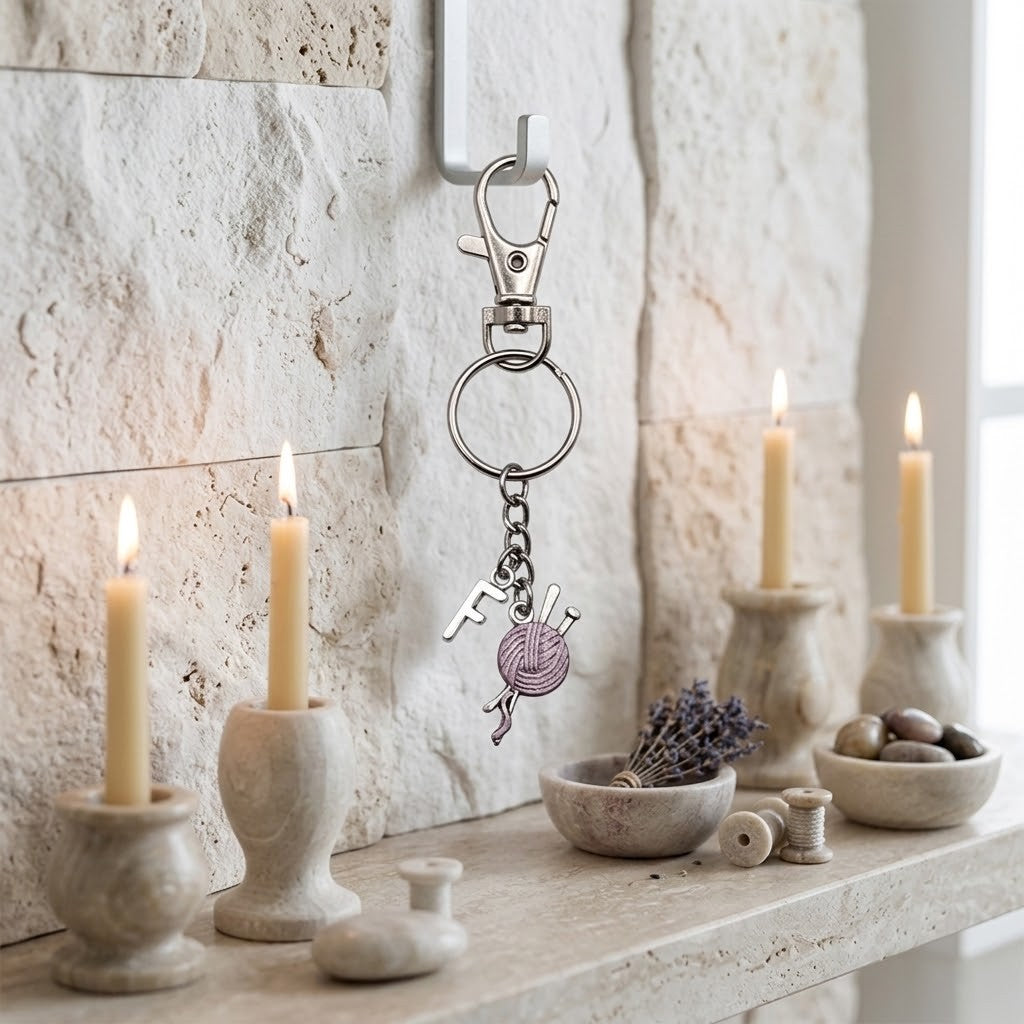 A silver-toned metal keychain with a lobster clasp, key ring, and small charms including a knitting needle and ball of yarn, hanging on a wall hook above a stone shelf styled with lit candles and decorative bowls.