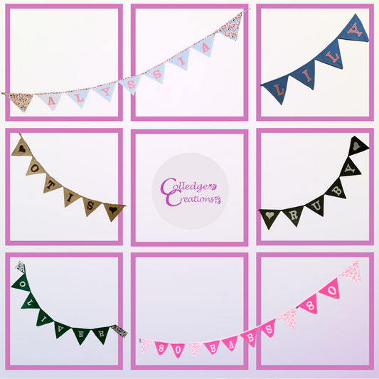 Image showing all the lovely personalisation options of our personalised applique bunting